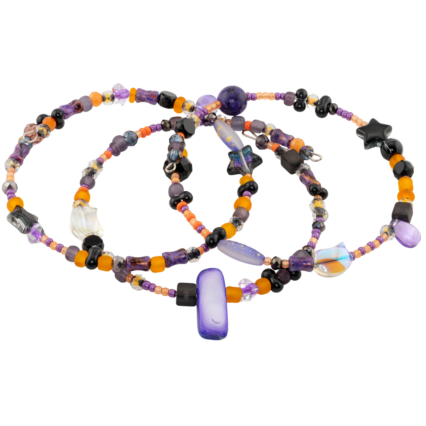 Stackable Halloween Bracelet Set - Black, Purple & Orange Beaded Jewelry