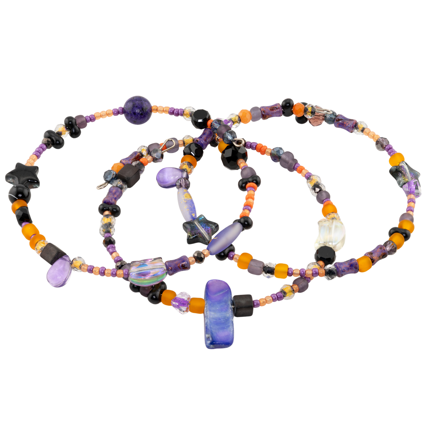 Stackable Halloween Bracelet Set - Black, Purple & Orange Beaded Jewelry