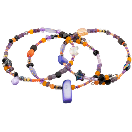 Stackable Halloween Bracelet Set - Black, Purple & Orange Beaded Jewelry