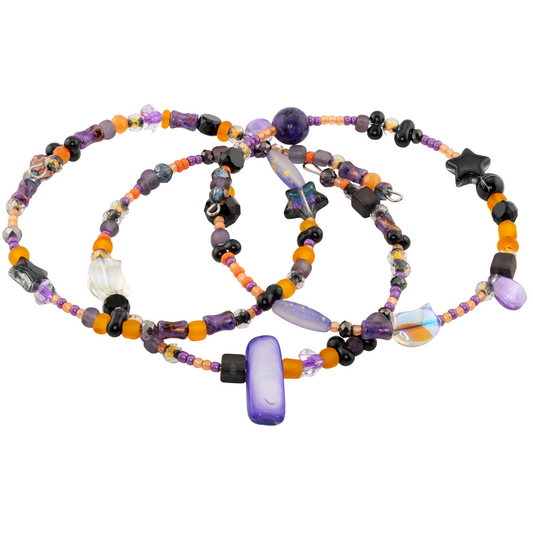 Stackable Halloween Bracelet Set - Black, Purple & Orange Beaded Jewelry