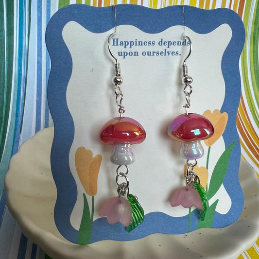 Cottagecore Mushroom & Flower Earrings | Whimsical Dangle Earrings | Handmade Natural Stone Jewelry